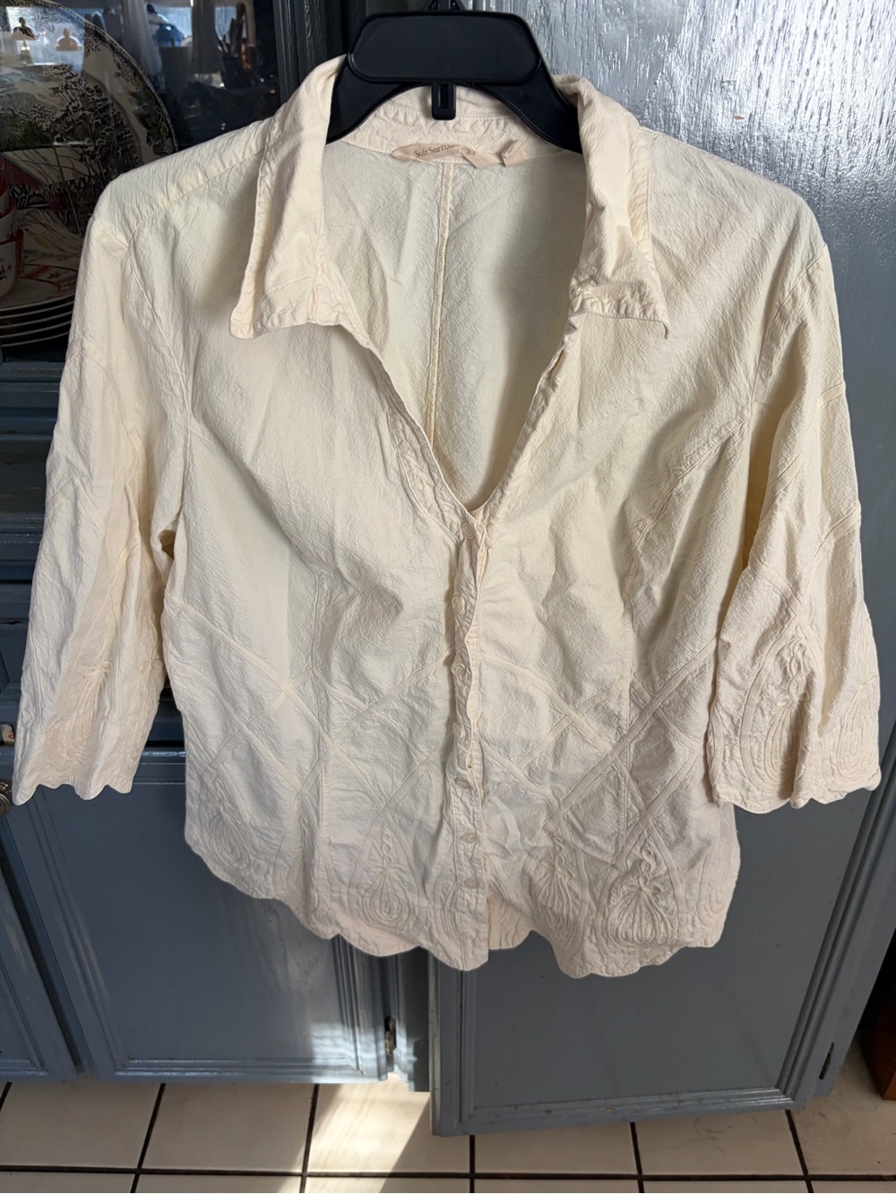 Soft Surroundings Cream Embroidered Button-Front Blouse